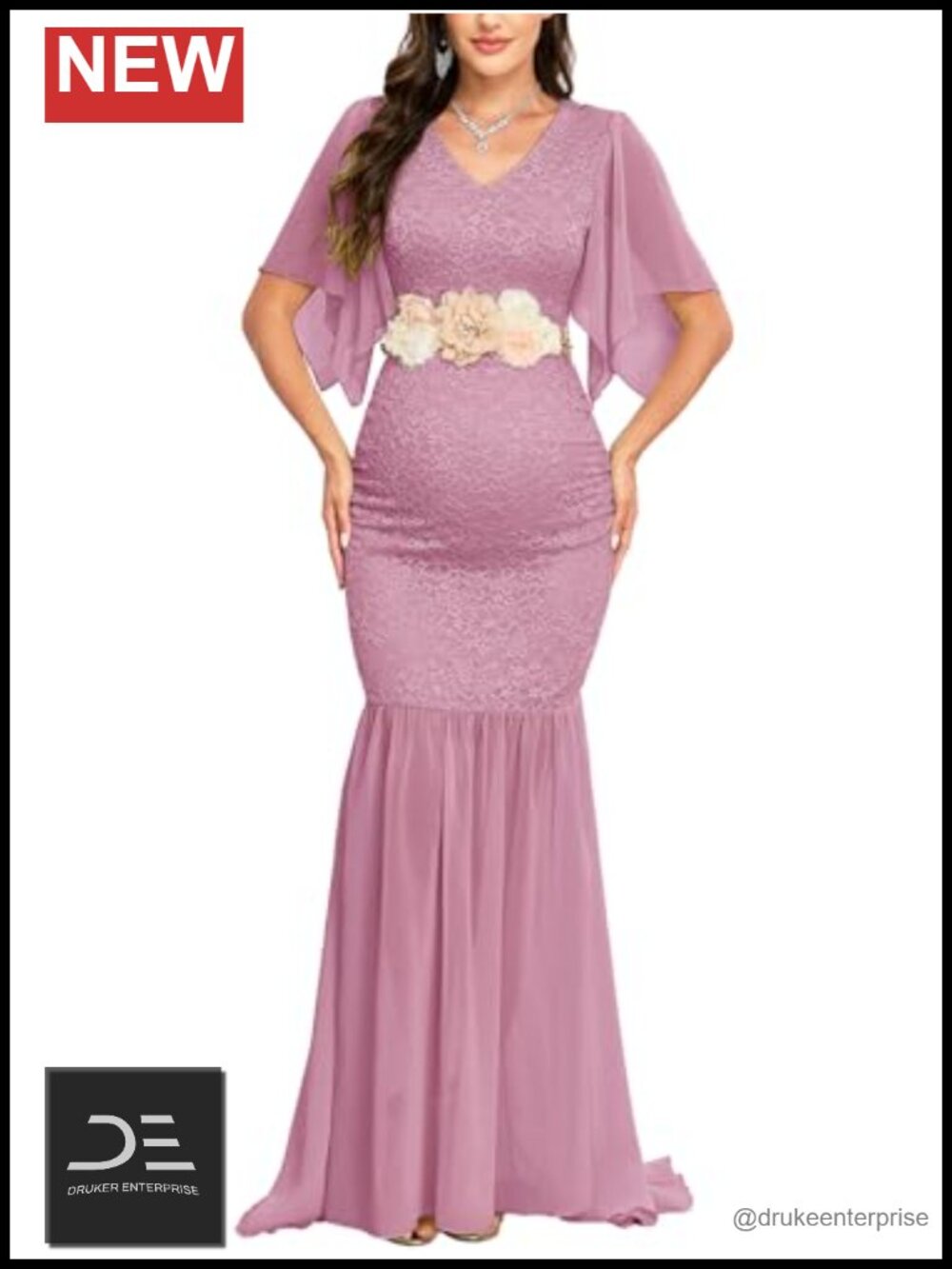 Maternity Lace Mermaid Maxi Gown V Neck Handkerchief Sleeve Chiffon Wedding